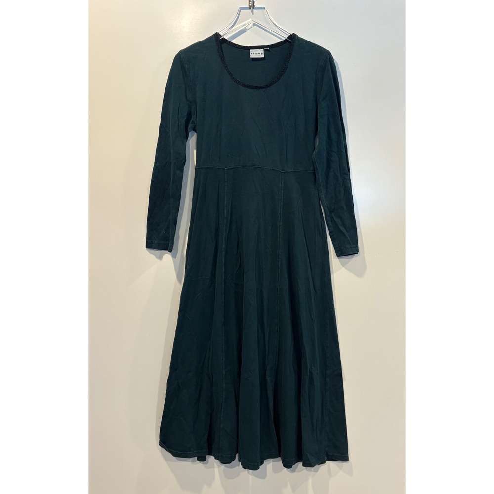 Stamp‎ Vintage Forest Green Long Sleeve Midi Dress Medium Made in USA Tie Back